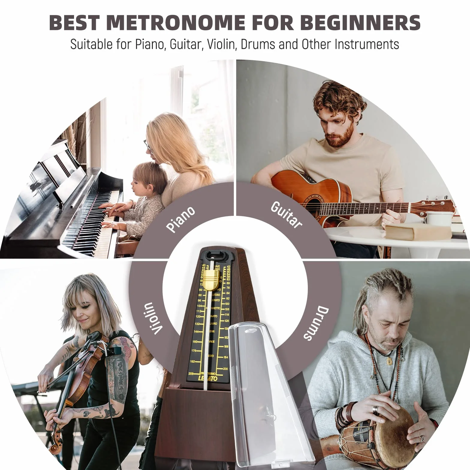 LEKATO Mechaniczny metronom do fortepianu, gitary, basu, bębnów, ukulele, skrzypiec, wiolonczeli, saksofonu, trąbki i wszystkich instrumentów, wizualizowane tempo i rytm, dzwonek akcentujący (zamykany