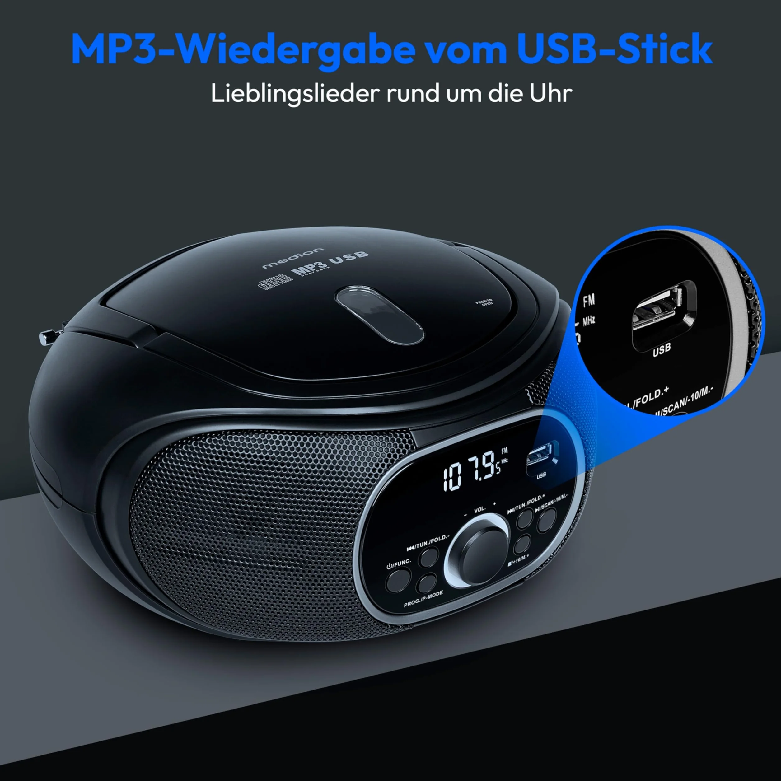 MEDION Przenośny Boombox E65711, odtwarzacz CD/MP3, FM FM, AUX, zasilanie bateryjne, czarny