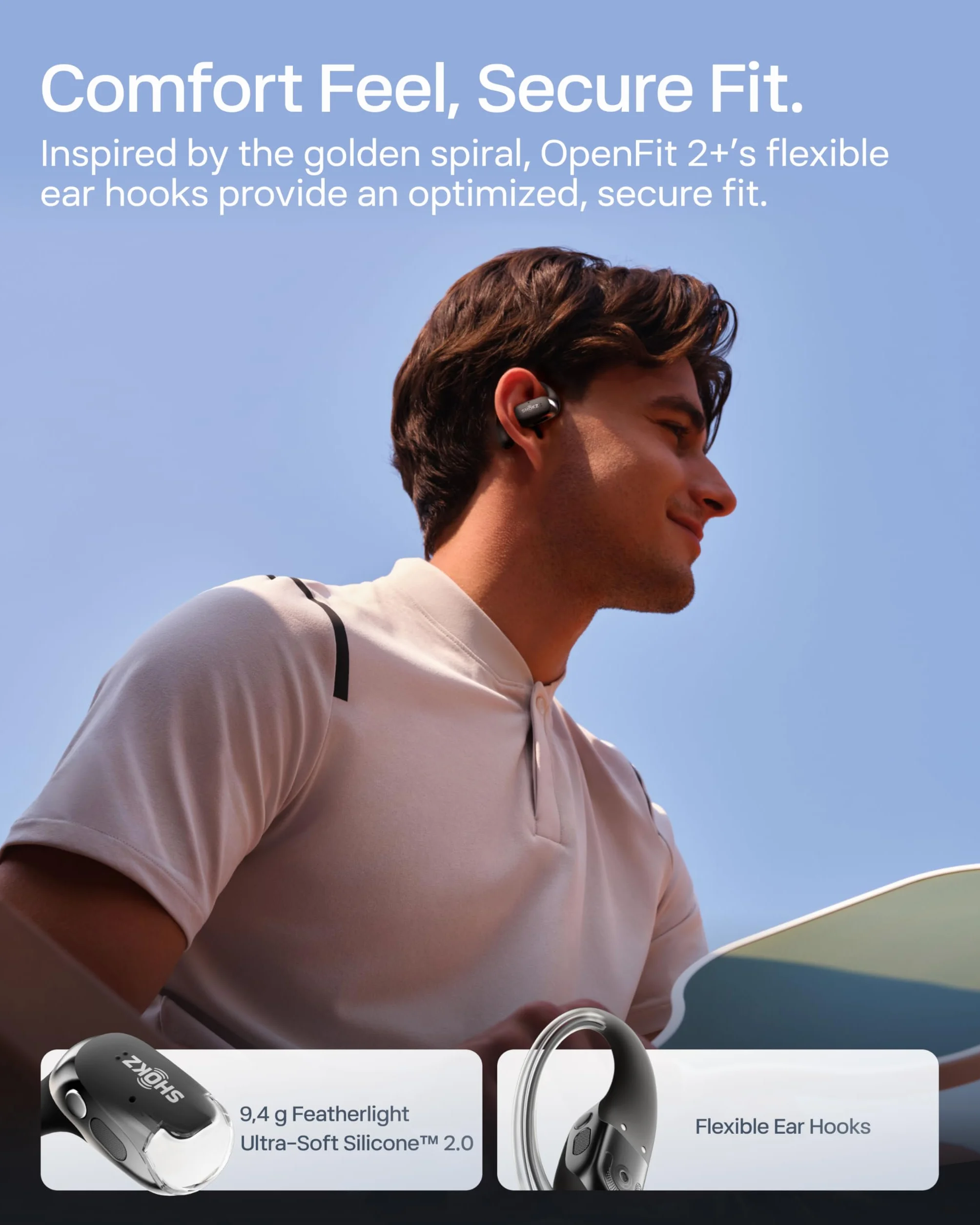 Shokz NOWE OpenFit 2+ Słuchawki Otwarte, z Dolby Audio, Wygodne Słuchawki, 48 Godziny Odtwarzania, Odporność na Wodę IP55, Szybkie Ładowanie USB-C, Ładowanie Bezprzewodowe, Torba Transportowa, Czarny