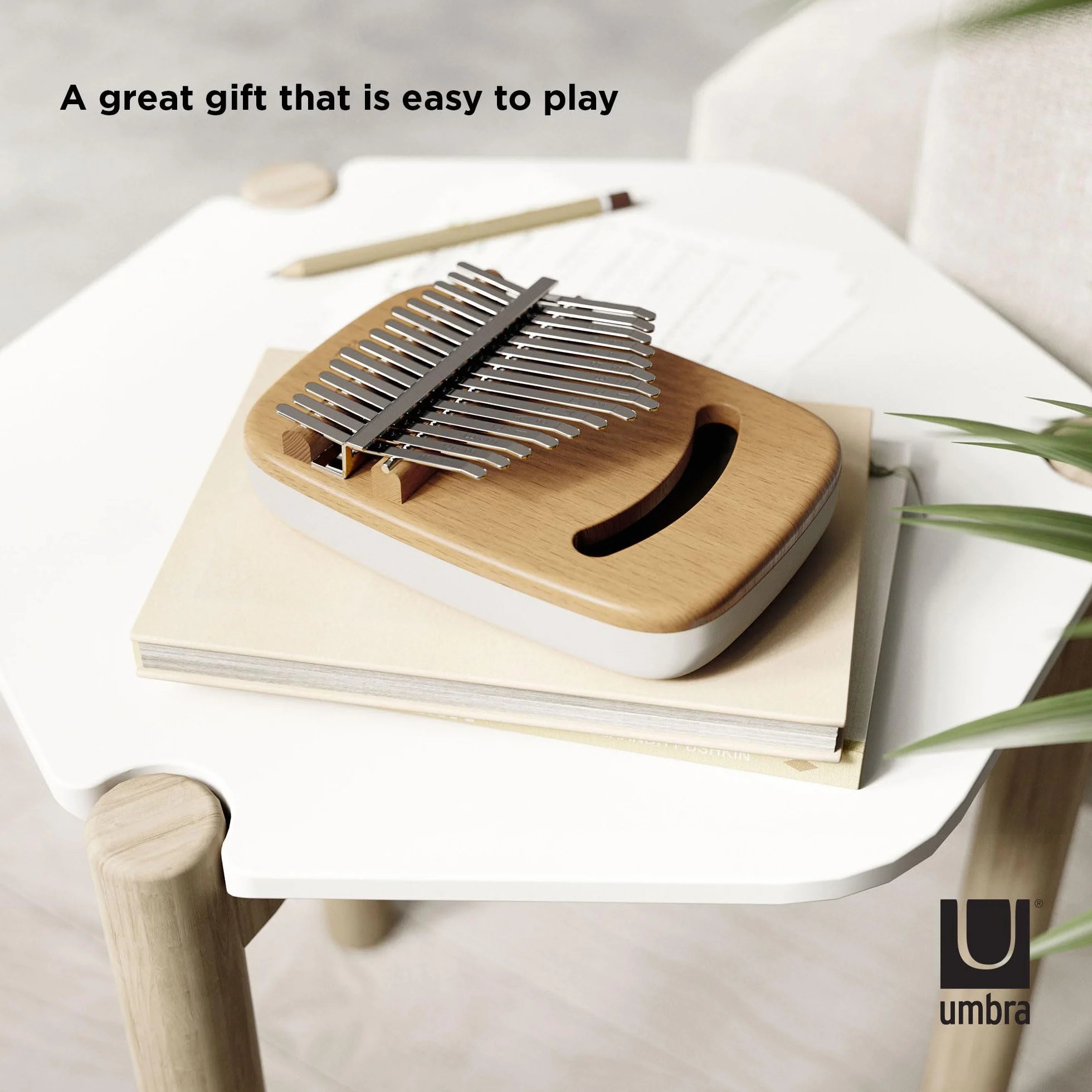 Umbra Strumba Kalimba pianino na kciuk z 15 przyciskami, przenośne pianino na palce, dekoracyjny instrument muzyczny ze zintegrowaną półką na nuty muzyczne