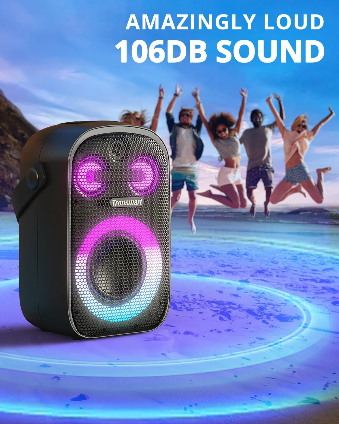 Tronsmart Halo 100 przenośny głośnik Bluetooth 5.3, 60 W, światła LED, wodoszczelność IPX6, 18H odtwarzania, dźwięk stereo, powerbank i aplikacja, do użytku na zewnątrz.