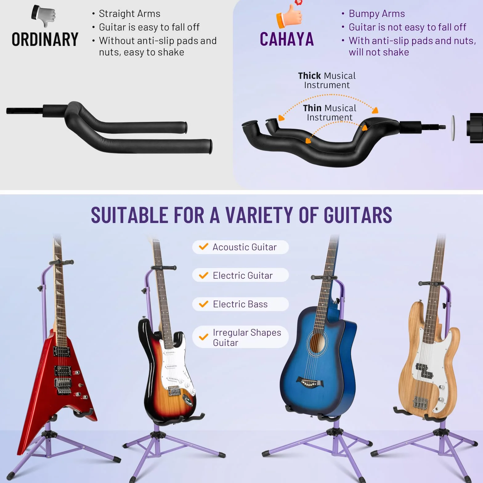 CAHAYA CY00253-2 stojak na gitarę regulowany składany uniwersalny statyw do gitary akustycznej elektrycznej basowej banjo fioletowy