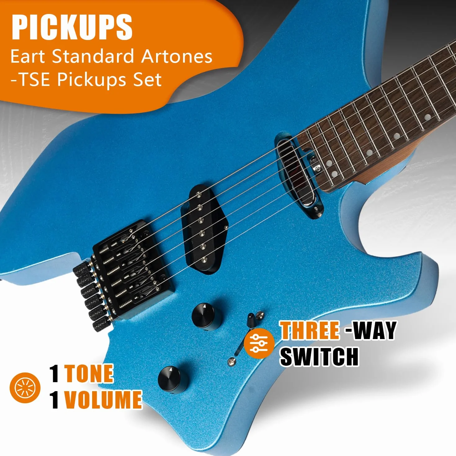 EART GW2T-SE Gitara elektryczna bezgłowowa z w pełni regulowanym stałym systemem mostka, progi Medium Jumbo ze stali nierdzewnej z zaokrąglonymi końcami (niebieska)