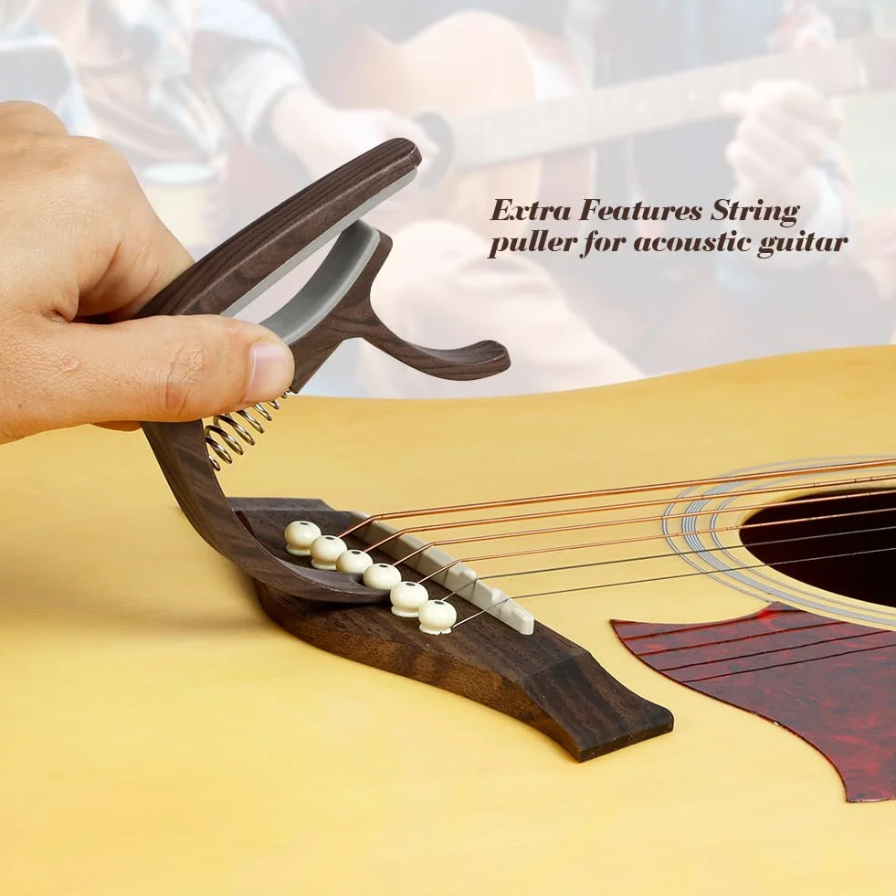 Aomig Kapodaster stroik do gitary, stroik uniwersalny z klipem, capo do gitary z 6 plektronami, dokładny tuner dla wszystkich instrumentów, stroik do gitary, ukulele, akcesoria gitarowe, drewno