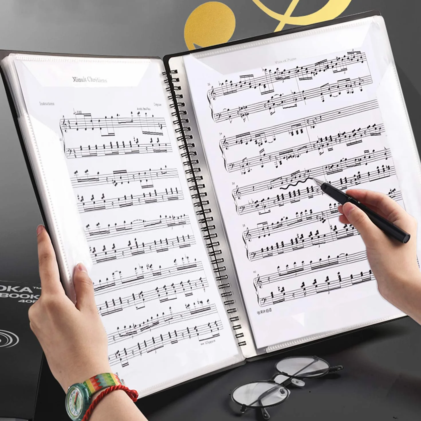 Notenmappe für Notenblätter beim Spielen A4 Größe Papier Dokumente Halter Aufbewahrung 20 Páginas/40 Taschen Clef, Musik Tabelle Datei Ordner, Kunststoff Konzert-Chorfolder für Musiker und Band