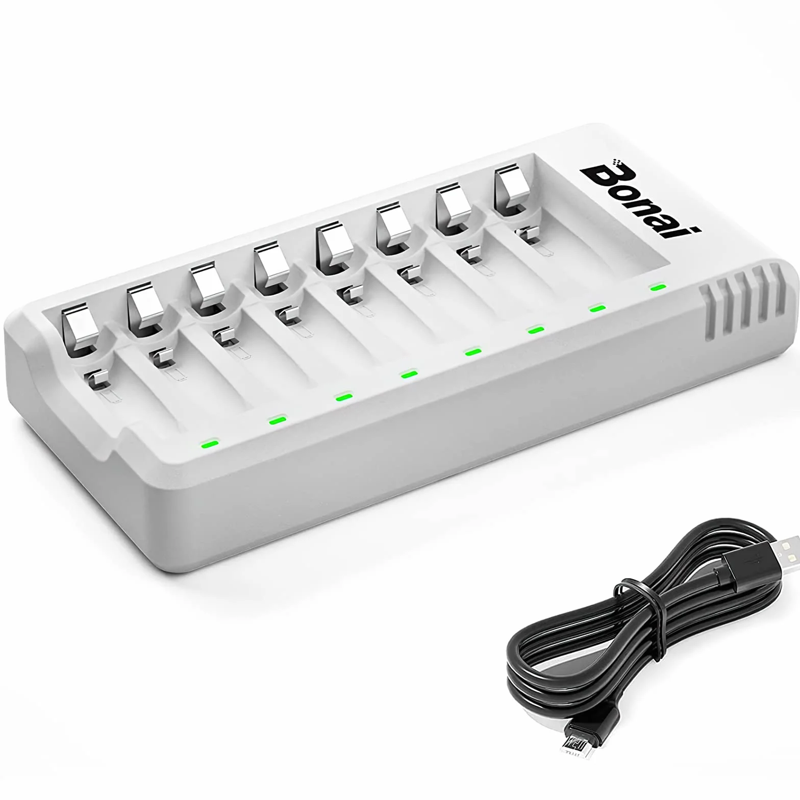 Ładowarka do akumulatorów AA i AAA oraz Ni-MH i Ni-CD marki Bonai z portem USB, 8 gniazdami i wskaźnikami LED.