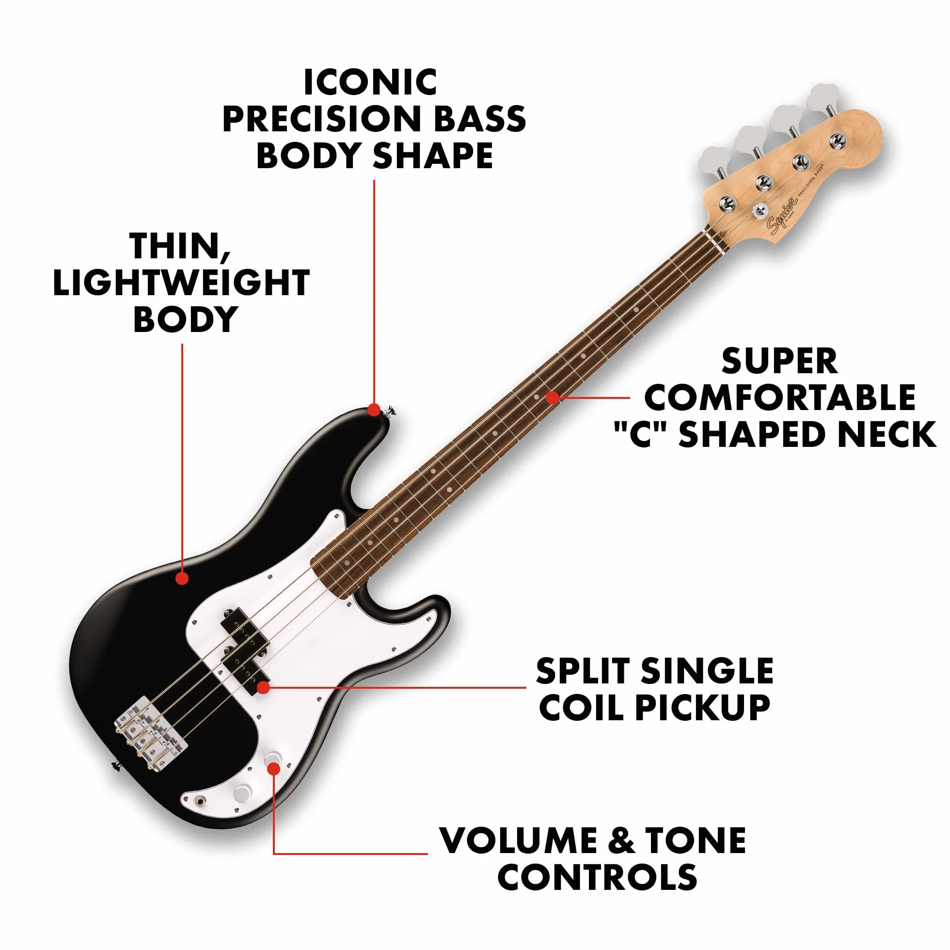 Squier by Fender Debut Collection Precision Bass Guitar, Laurel Fingerboard, White Pickguard, Black