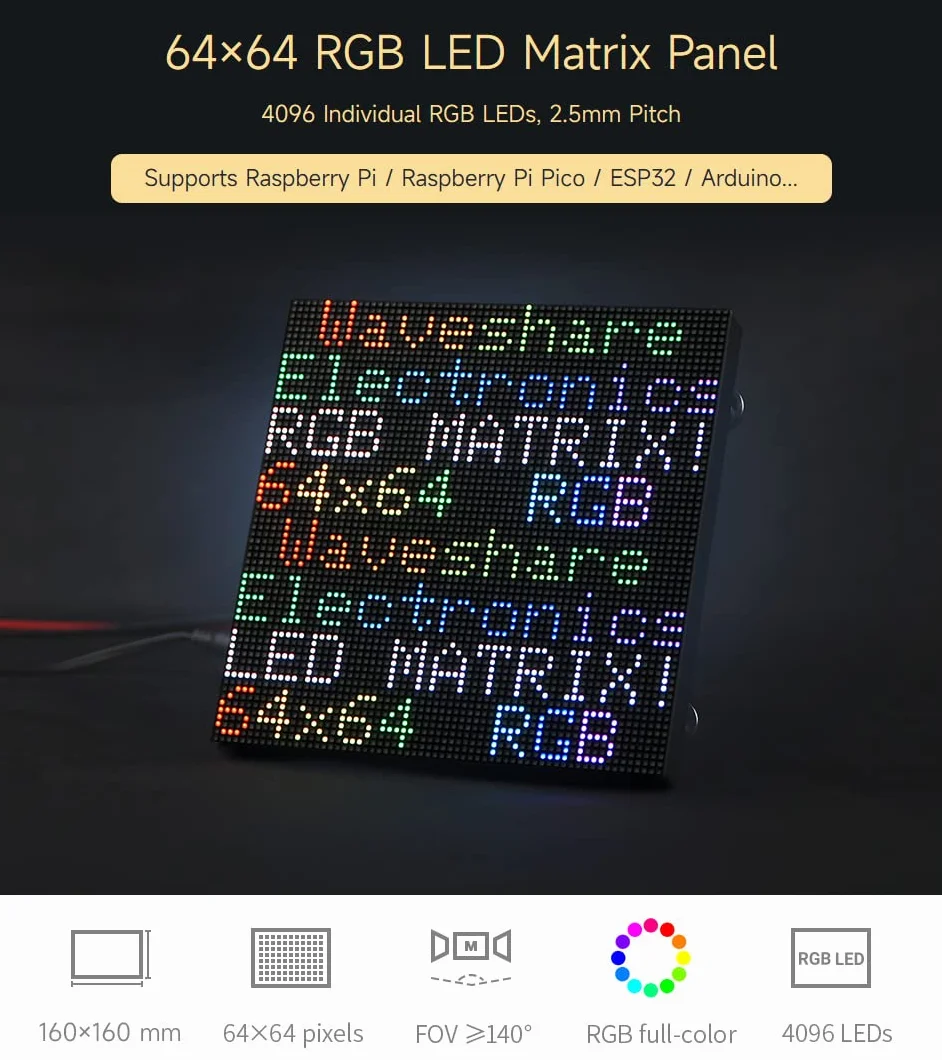 Waveshare RGB Full-Color LED Matrix Panel 2.5mm Pitch 64x64 Pixels Adjustable Brightness Compatible with Raspberry Pi/Pico/ESP32