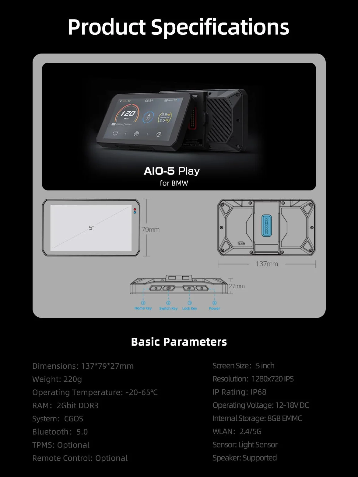 CHIGEE AIO-5 Play for BMW Motorcycles, 3-Pin Interface, Plug-and-Play Smart Display with Apple CarPlay & Android Auto, 60FPS, IP68 Waterproof, Built-in GPS, Anti-Theft Alarm, Data Reading