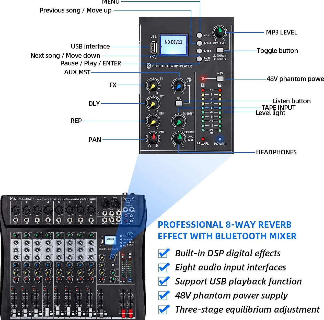 Depusheng DT8 profesjonalny mikser soundboard, konsola, 8-kanałowy system stołowy, interfejs cyfrowy, USB dla komputera i MP3, wejście Phantom 48 V, kolor czarny