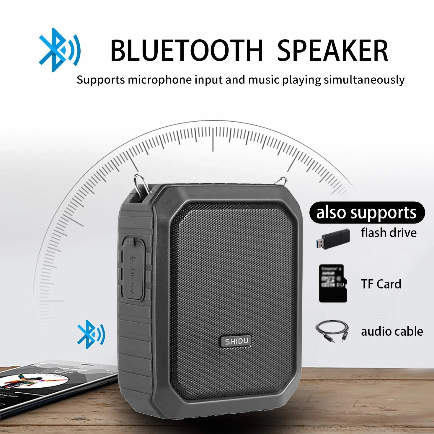 SHIDU Bezprzewodowy wzmacniacz głosu, głośnik Bluetooth, 18W, wodoodporny, przenośny system PA z bezprzewodowym mikrofonem UHF, zestaw słuchawkowy do wielokrotnego ładowania, wzmacniacz głosu, osobisty mikrofon do klasy/na zewnątrz/dla przewodników turyst