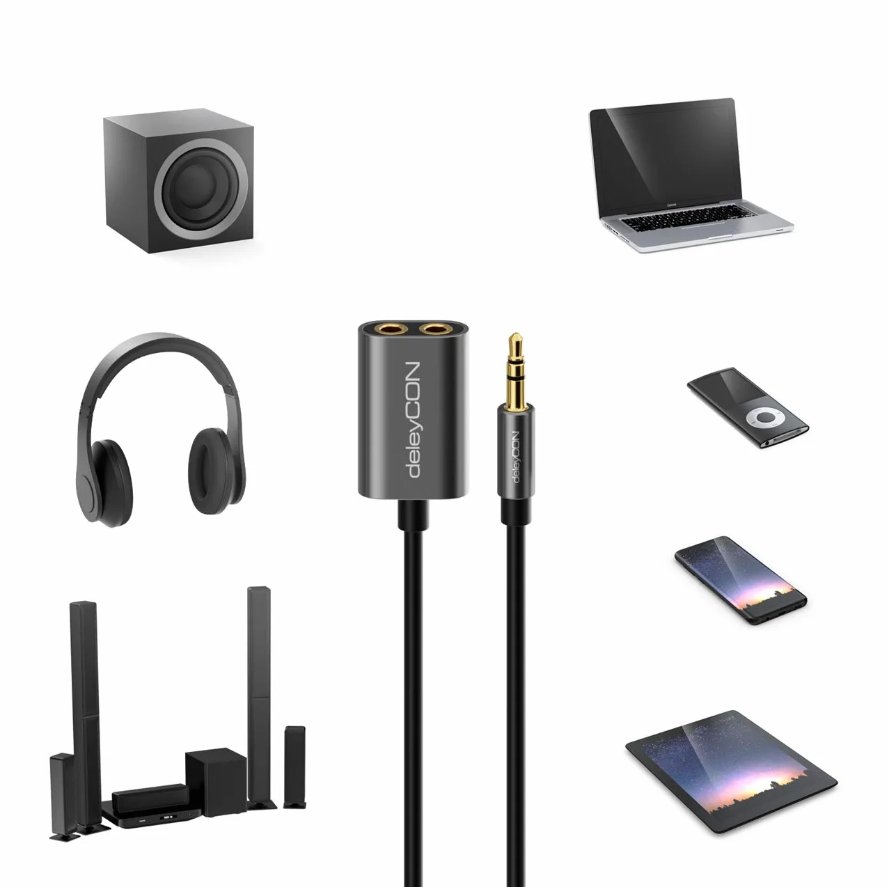 deleyCON 1x 3,5mm jack splitter audio stereo AUX adapter kabel kabel jack kabel audio metalowa wtyczka telefon komórkowy smartfon tablet słuchawki odbiornik HiFi