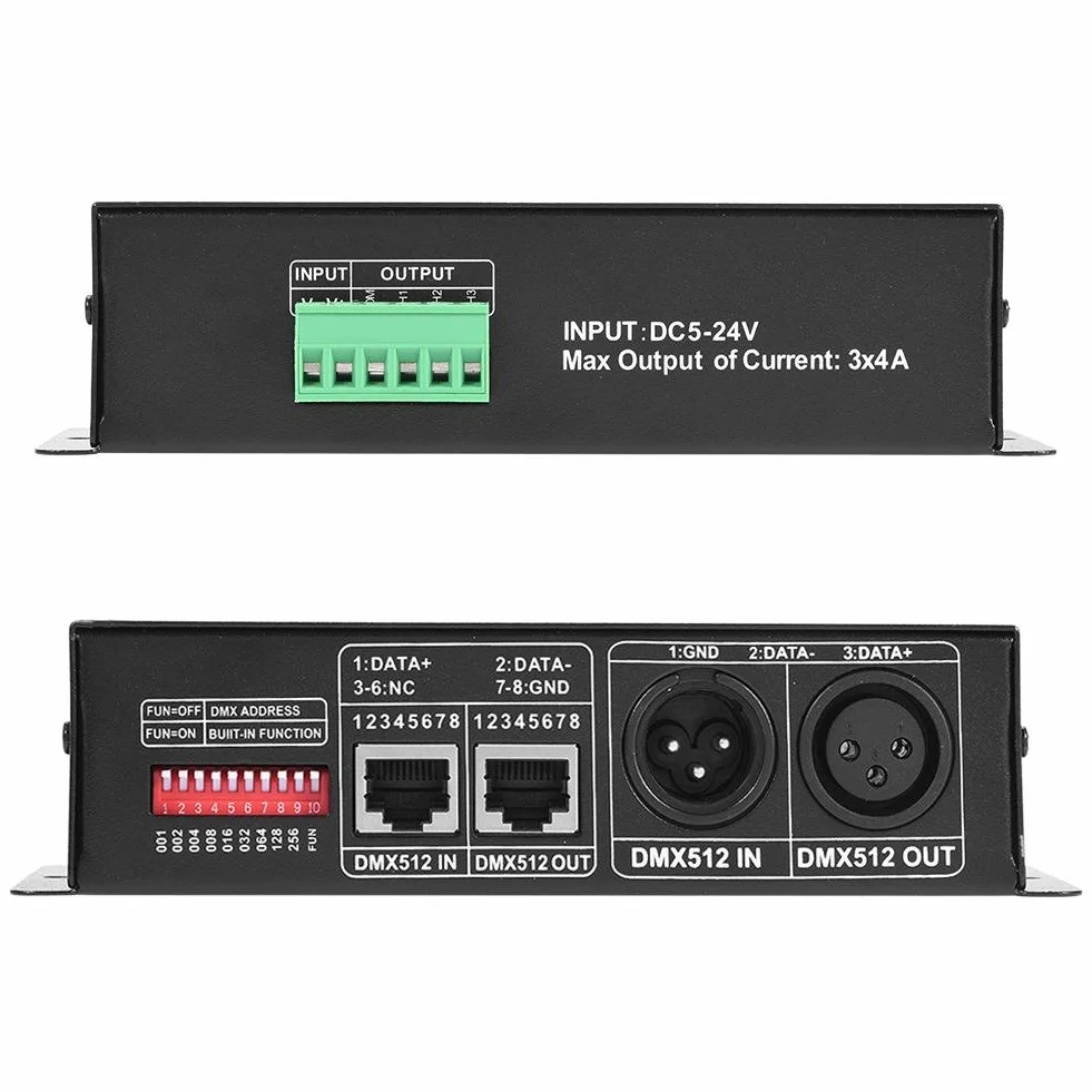 Sterownik DMX 3-kanałowy LED 5 V ~ 24 V DC cyfrowy wyświetlacz dekoder sterownik ściemniania DMX 512 4A 3-kanałowy moduł dekodera Sterownik do lamp scenicznych LED RGB