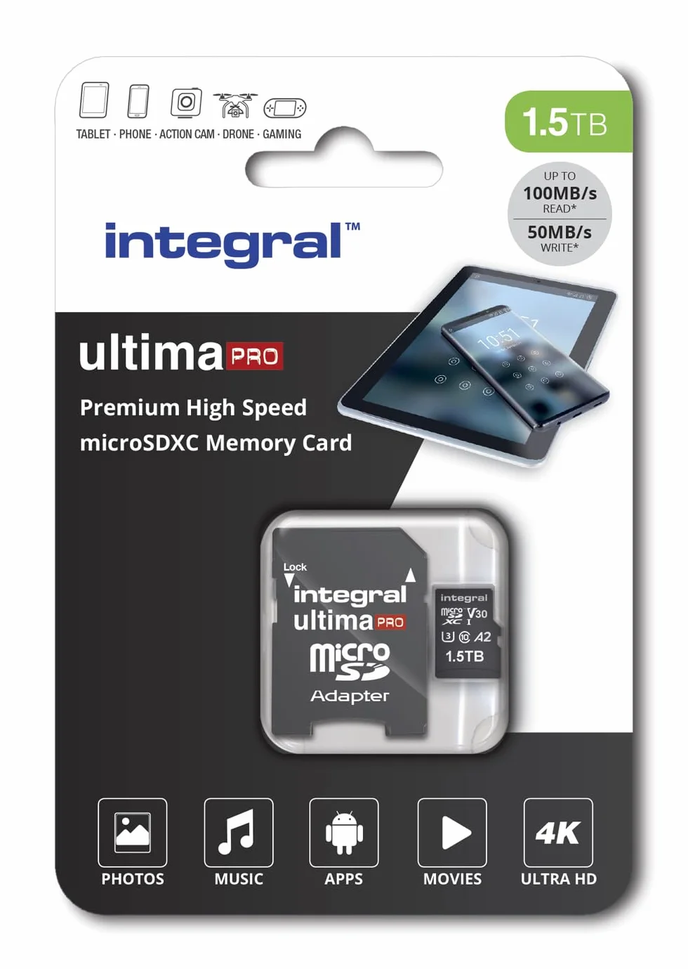Integral Karta pamięci 1 TB Micro SD 4K Video Premium High Speed SDXC do 100 MB/s prędkość odczytu i prędkość zapisu 50 MB/s V30 C10 U3 UHS-I A1
