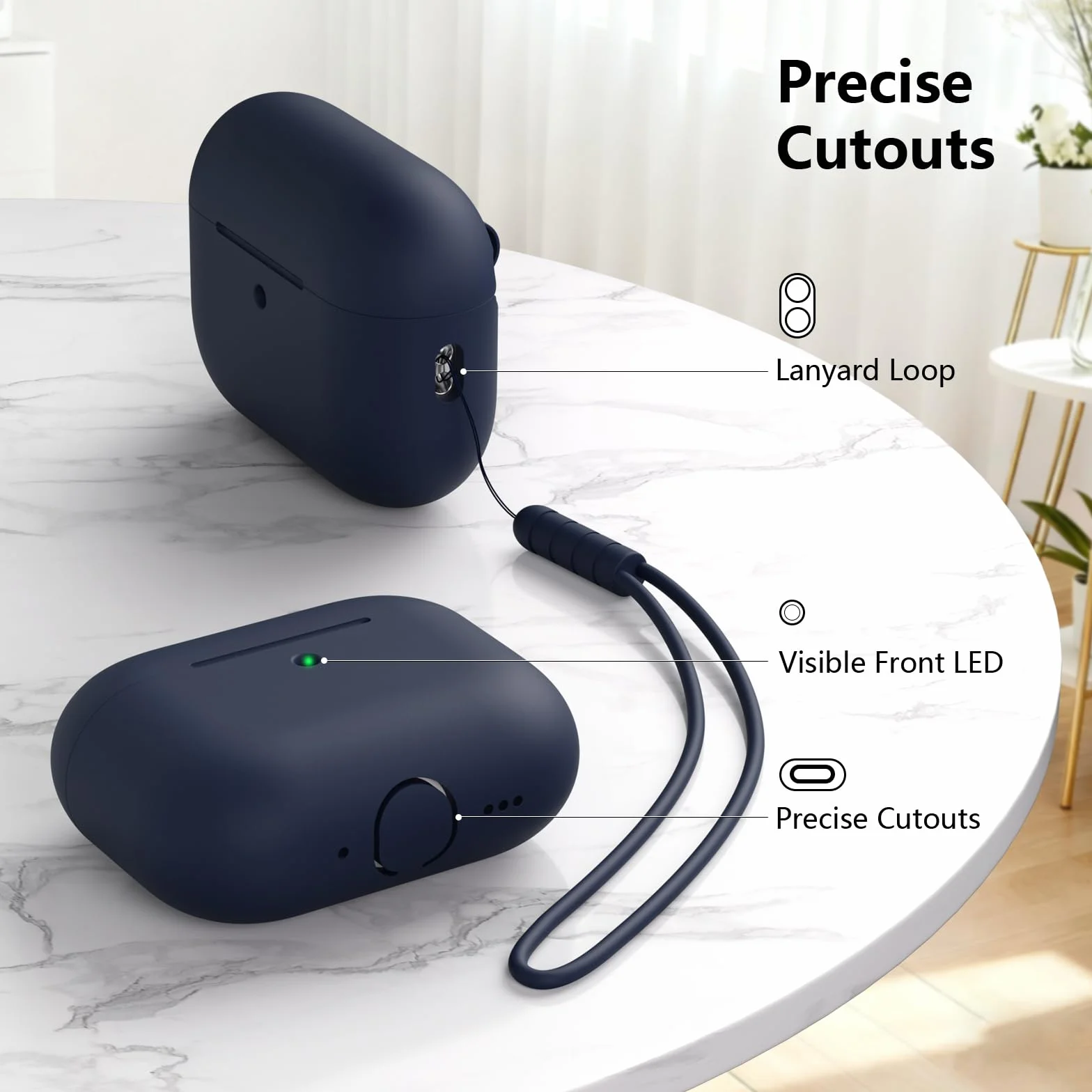 Etui ochronne kompatybilne z Airpods Pro 3 generacji, pełna ochrona, silikonowe etui do AirPods Pro 3 ze smyczą, przednia dioda LED może być widoczna, Midnight Blue