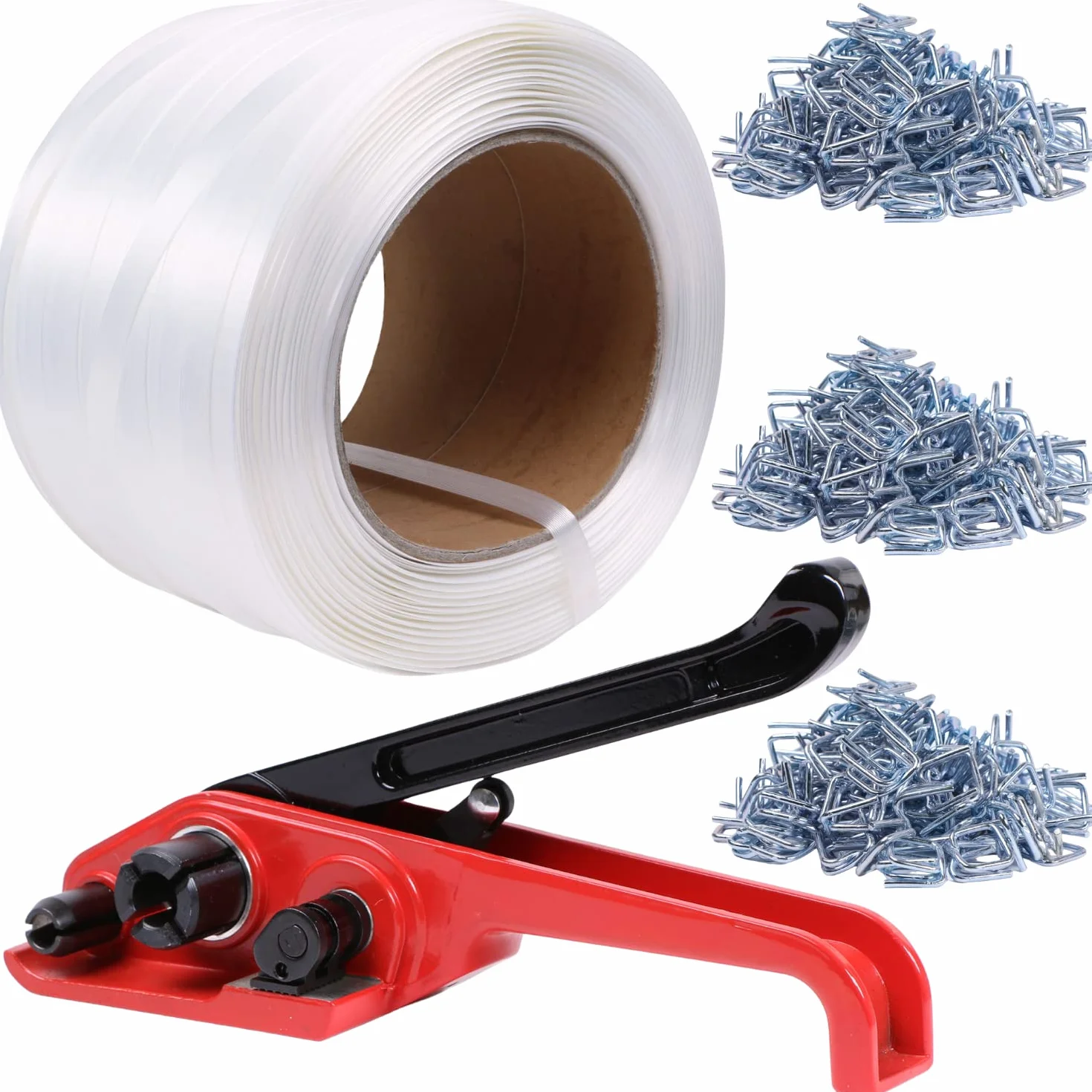 U.S. SOLID Tekstylny zestaw do spinania tkanego HD, 19 mm x 500 m, taśma spinająca z napinaczem i zaciskami zamykającymi, zestaw do spinania palet, 300 sztuk metalowych sprzączek