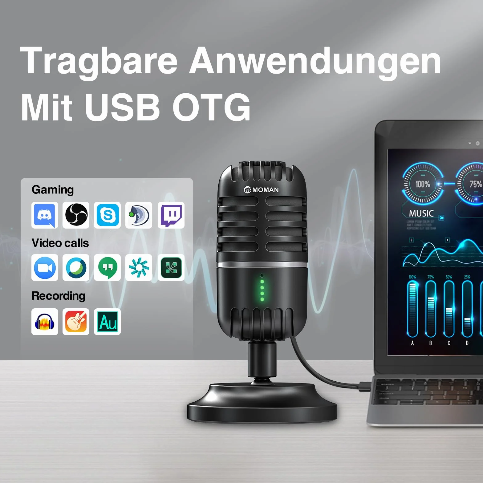 Mikrofon PC, mikrofon strumieniowy do PC, PS4, PS5, kondensacyjny mikrofon USB C do gier, podcastów, nagrywania, streamingu, wyciszenia/wzmocnienia, adapter do telefonu, kompatybilny z Mac, Winows