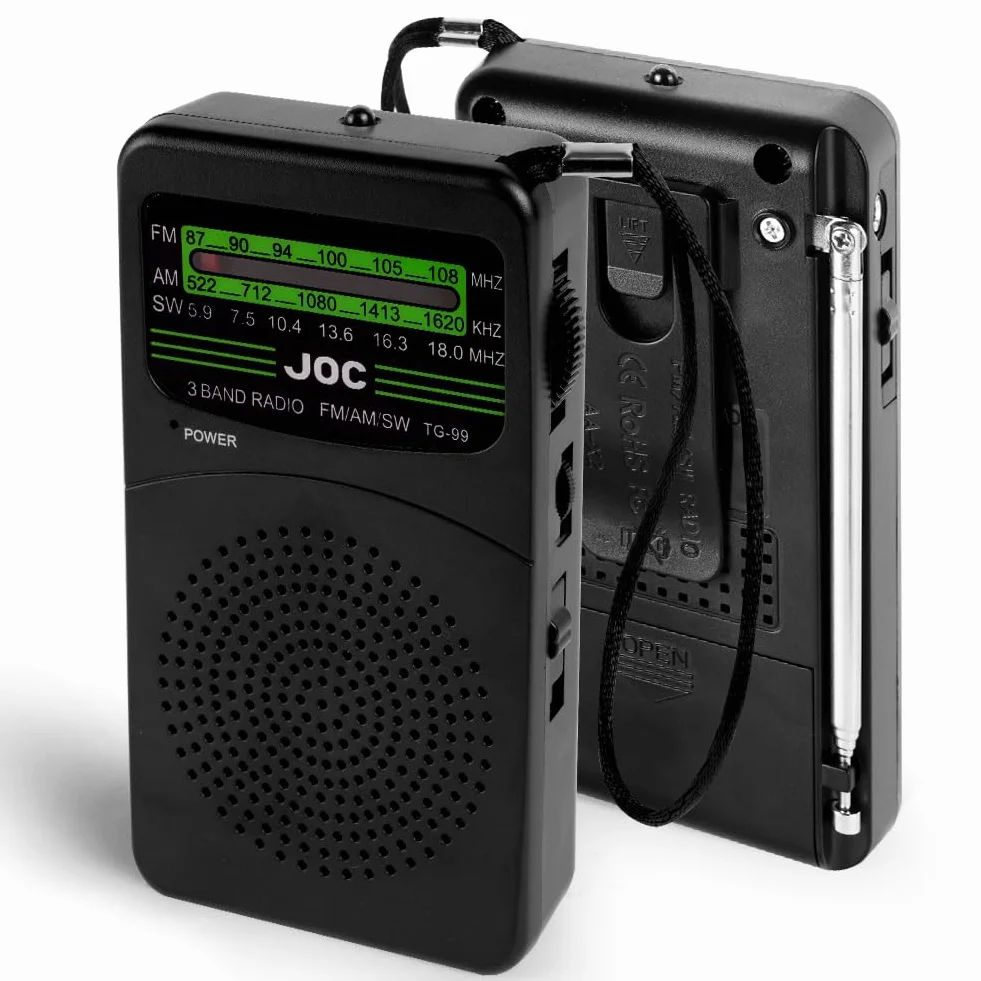 OSDUE Małe radio, przenośne radio FM/AM na baterie z tylnym klipsem, głośnikiem i gniazdem słuchawkowym, radia kieszonkowe do użytku wewnątrz, na zewnątrz i w sytuacjach awaryjnych, łatwe w użyciu