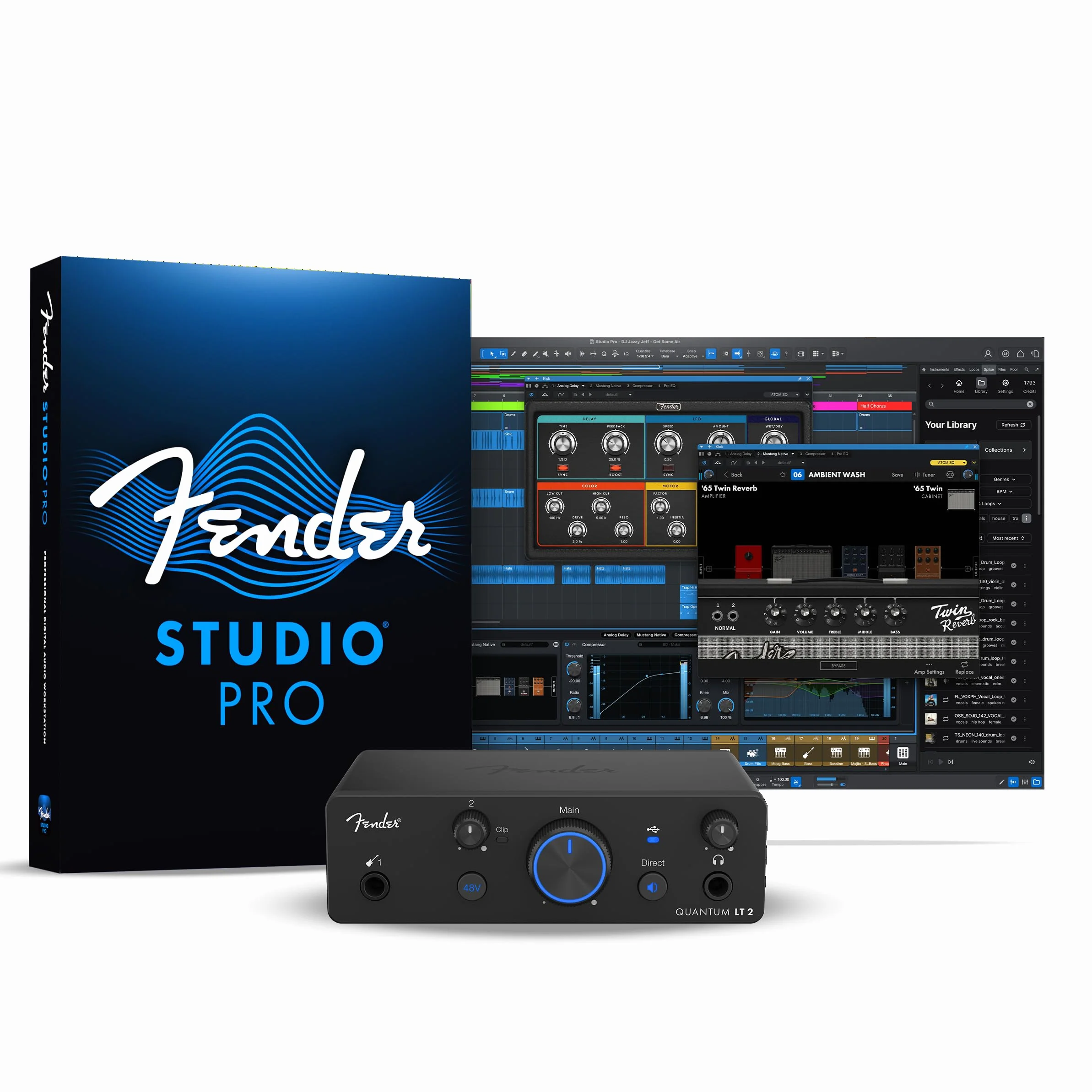 Fender Quantum LT 2 Interfejs audio USB-C do produkcji muzyki, przedwzmacniacz mic MAX-HD, wejście instrumentu, sterowniki low latency, loopback, zrównoważone wyjścia, wzmacniacz słuchawkowy, Mac, PC