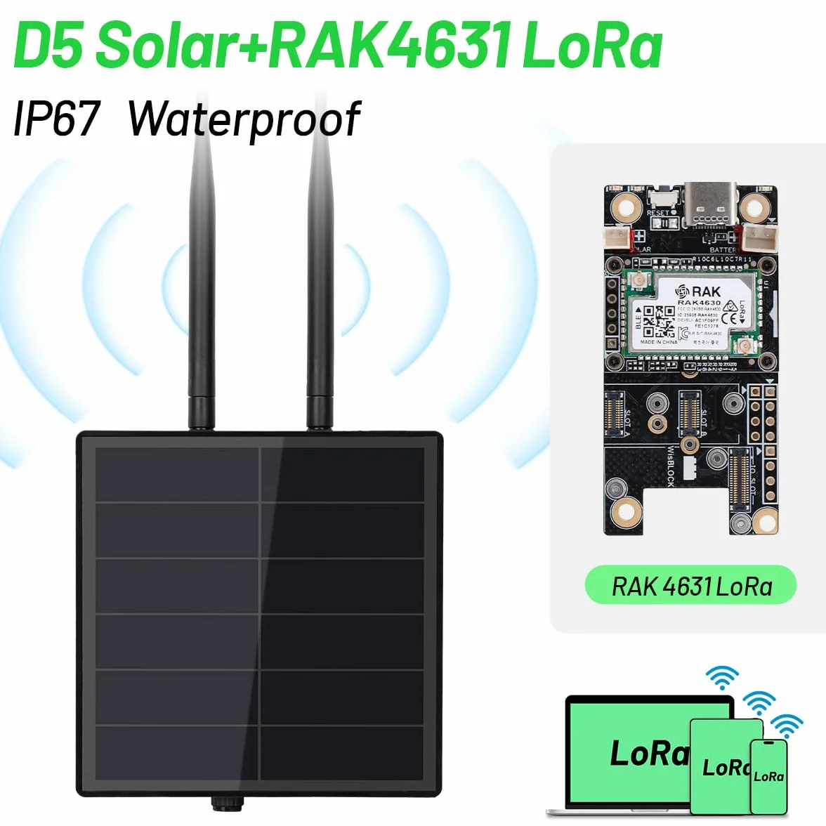KEEPTEEN D5 Solar Lora Node Meshtastic Device Repeater mit Wisblock RAK19007 RAK4631 Board 868 MHz Mesh Lora Antenne NRF52840 Bluetooth Solarpanel Eingebauter 5000 mAh Batteriecontroller