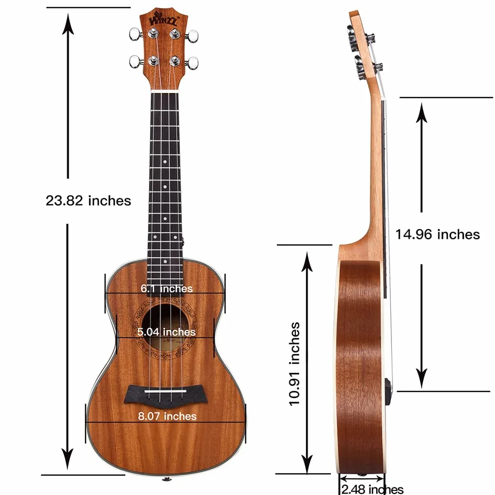 Winzz Ukulele koncertowe 60 cm dla dorosłych początkujących, mahoniowe drewniane ukulele zestaw startowy ze stojakiem i kapodastrem