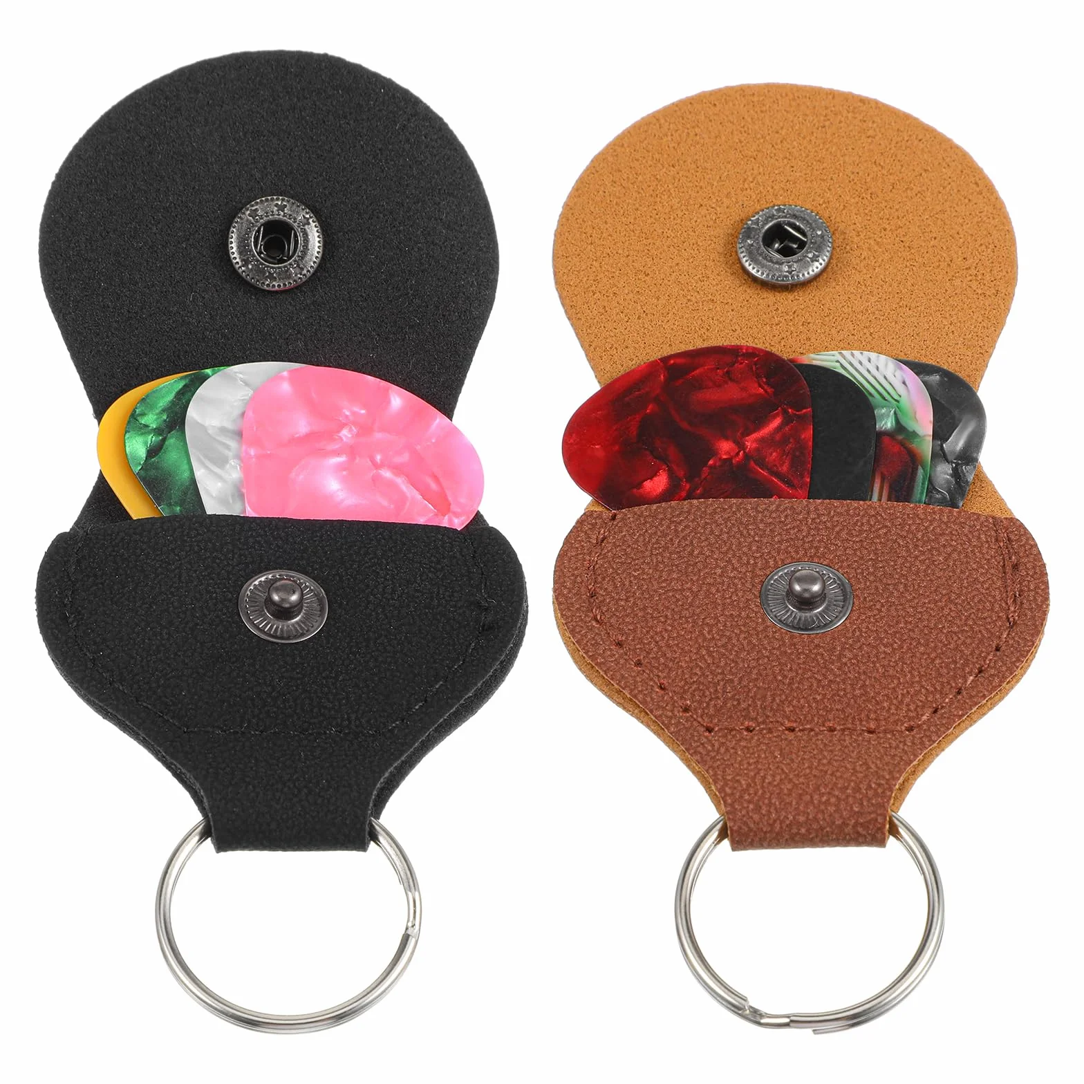 Xinjoduz 2 zestawy po 8 kostek do gitary akustycznej z 2 etui na kostki ze skóry PU, różne kolory, do elektrycznych gitar akustycznych, kostki basowe (3 x 2,6 cm, czarne + brązowe)