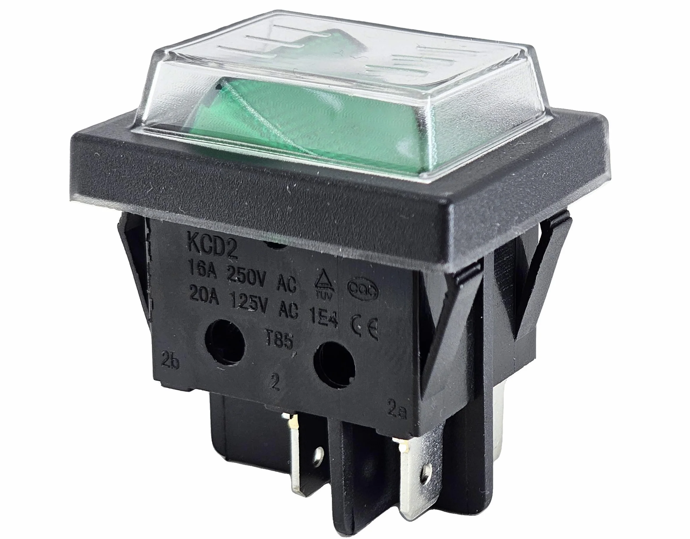 Przełącznik kołyskowy z wodoszczelną osłoną, 2-biegunowy (4pin), 16 A, 250 V AC, 30 x 22 mm, zielony kołysk, podświetlany