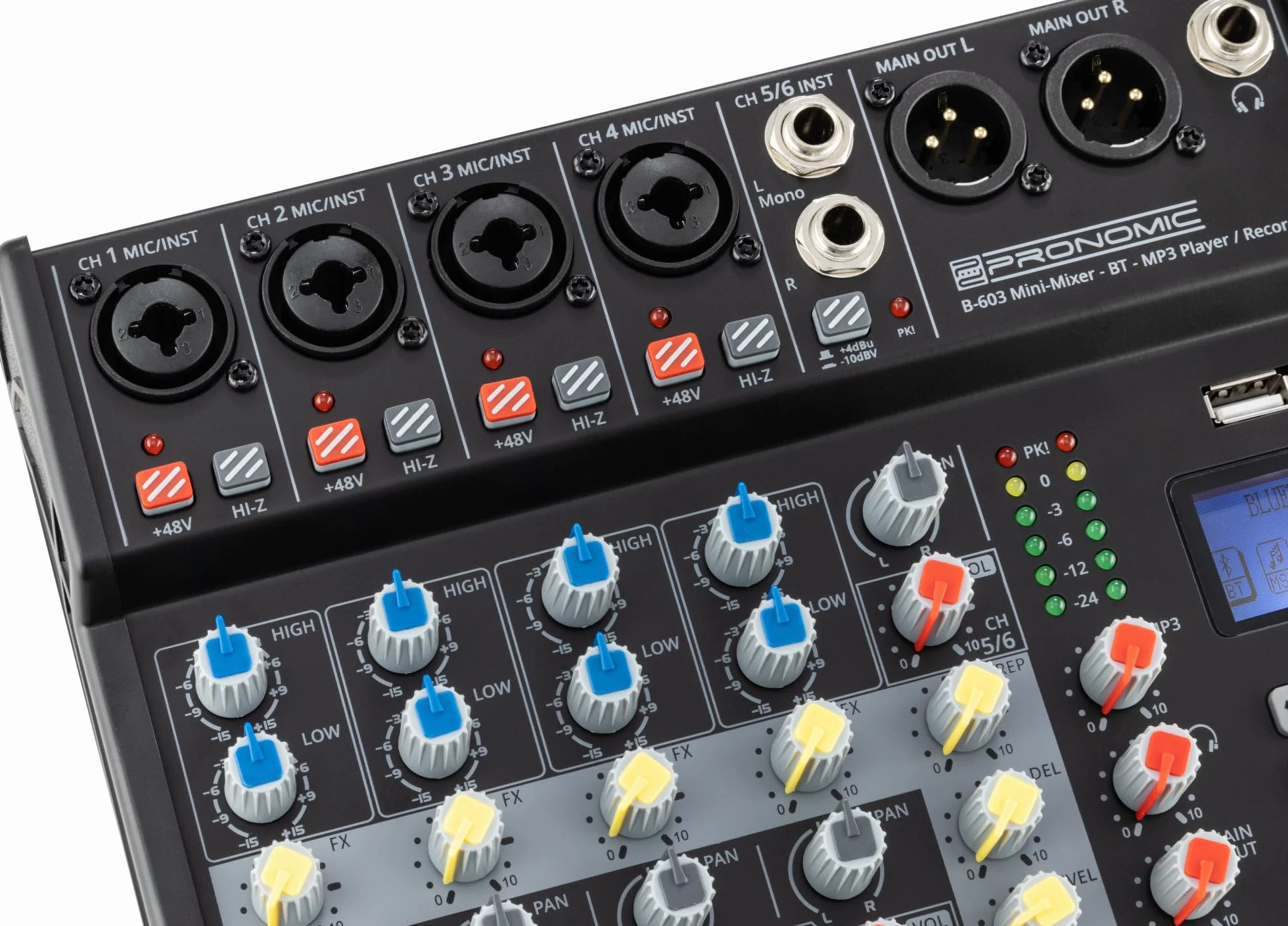 Pronomic B-603 mini mikser z Bluetooth® i USB Recording – kompaktowy 6-kanałowy mikser – 4 kanały z gniazdami combo, zasilaniem fantomowym i przełącznikiem Hi-Z – port USB – główne wyjścia w formacie