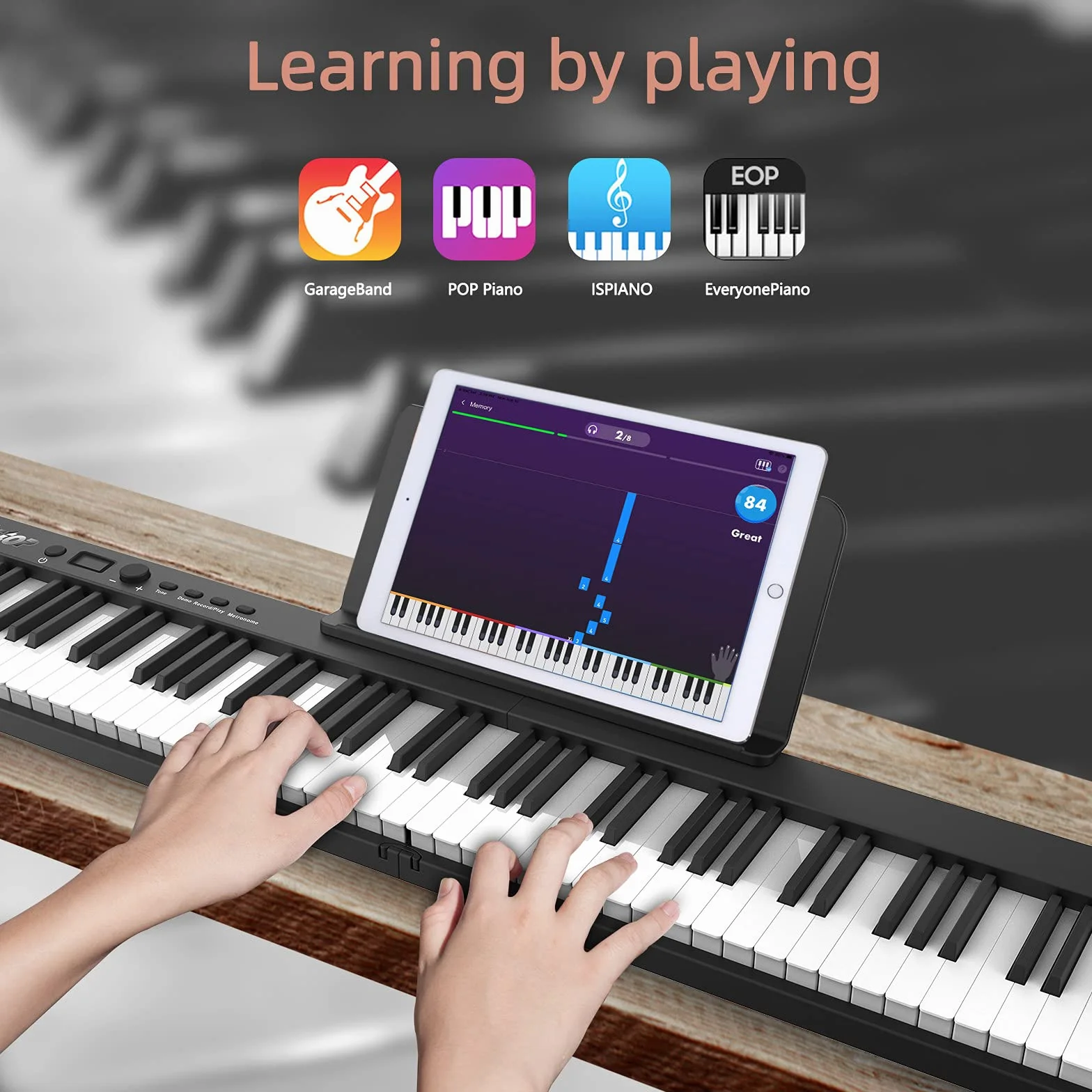 Veetop Składane pianino klawiatury, z 88 klawiszami, przenośne, pełnowymiarowe pianino elektroniczne z Bluetooth, MIDI, akumulator do wielokrotnego ładowania, składane pianino cyfrowe Geat dla początkujących, dzieci, dorosłych