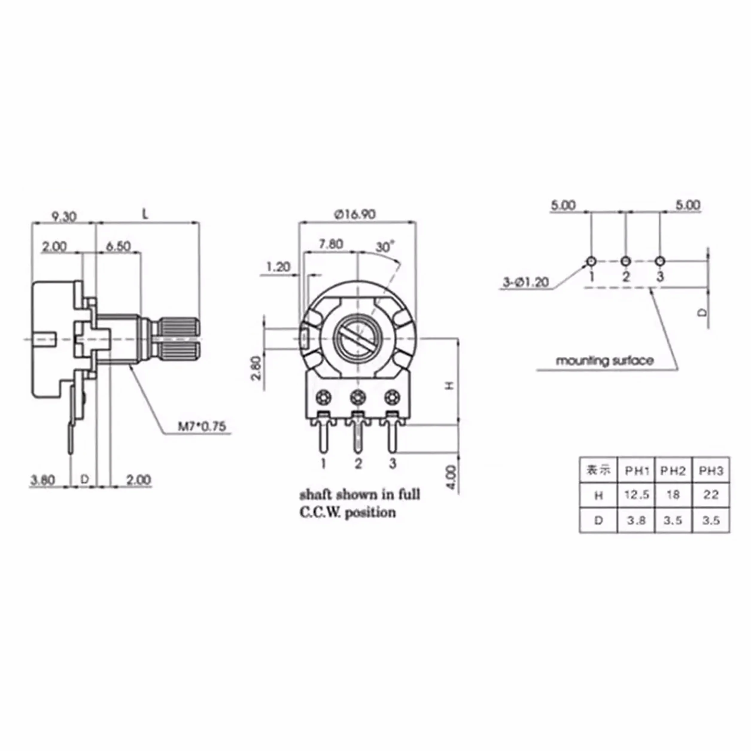 Obrotowy potencjometr liniowy B10K - 10 kΩ, 300 °, 0,125 W, wał 15 x 6 mm, tolerancja ± 20% | montaż PCB 5 mm | precyzyjny komponent elektroniczny