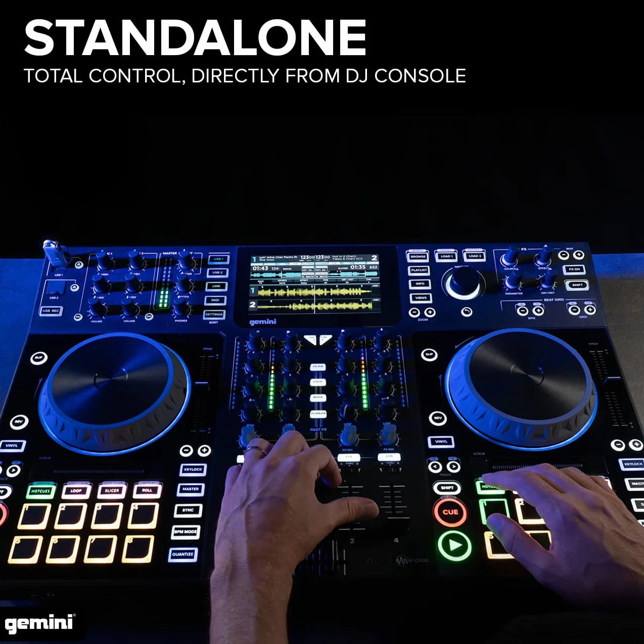 Gemini Sound SDJ-4000 Standalone/MIDI Kontroler DJ Equipment Console z 2 mostkami, 4-kanałowy mikser audio, pojemnościowe koła do biegania i 7-calowy ekran HD