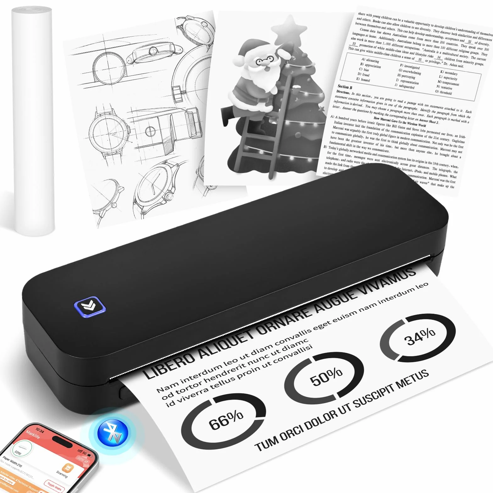 GuKKK Mobilna drukarka A4 w podróży – bezprzewodowa drukarka termiczna Bluetooth do telefonów komórkowych – obsługuje papier termiczny w formacie 210 x 297 mm – kompatybilna z iOS i Android