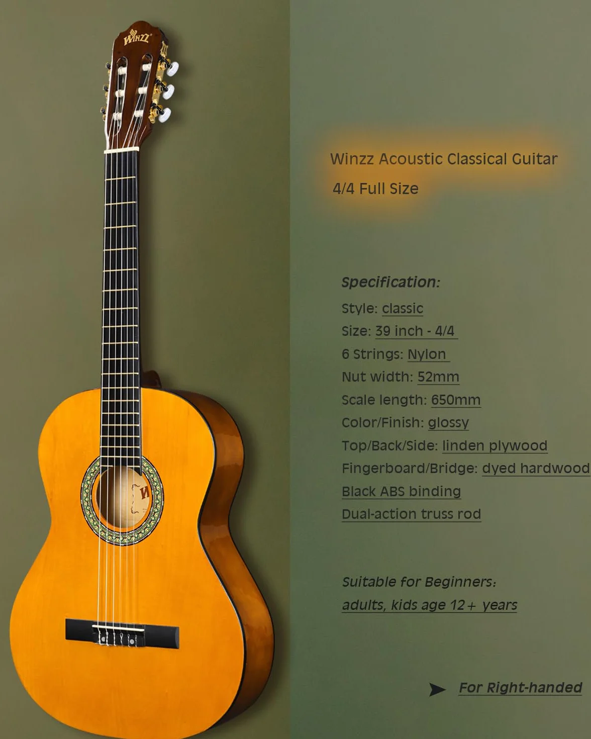 Winzz Gitara koncertowa 4/4 klasyczna żółta błyszcząca 39 cali
