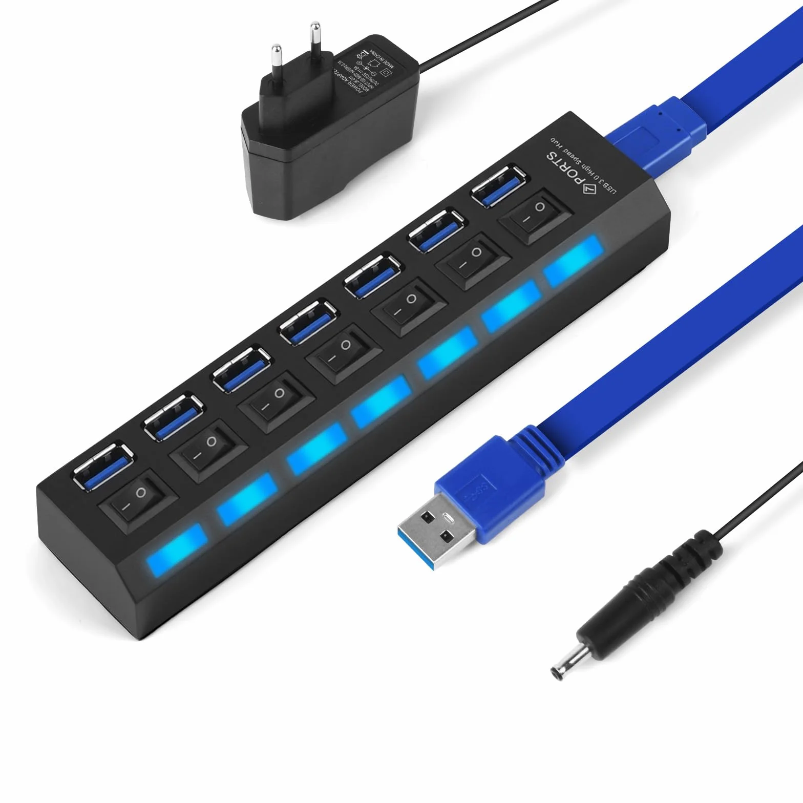 OFFCUP Hub USB 7 portów z zasilaczem, rozdzielaczem USB, aktywnym hubem USB 3.0+2.0 z indywidualnymi przełącznikami i wyświetlaczem LED, plug & play, do laptopów, komputerów MacBook i innych urzą