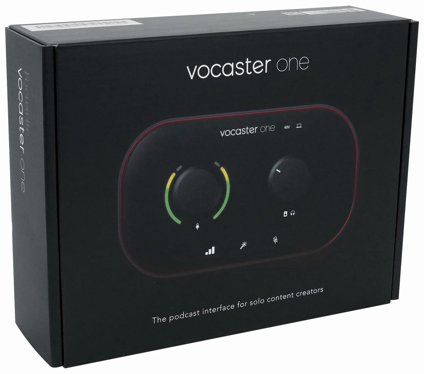 Focusrite Vocaster One Interfejs do podcastów do nagrywania jako twórca solowy Użyj funkcji Auto Gain, Enhance i Mute w celu łatwego tworzenia podcastów. Mały, lekki i zasilany przez komputer.