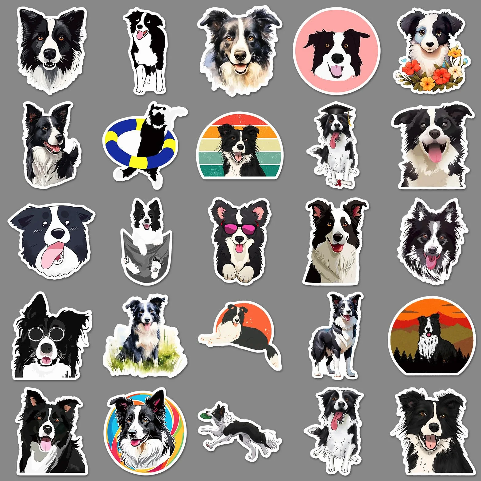 Border Collie Wodoodporne winylowe naklejki dla psów, zestaw 50 szt., urocze naklejki dla szczeniaka na laptopa, butelkę z wodą, etui na telefon, bagaż, album do scrapbookingu, prezenty dla miłośników