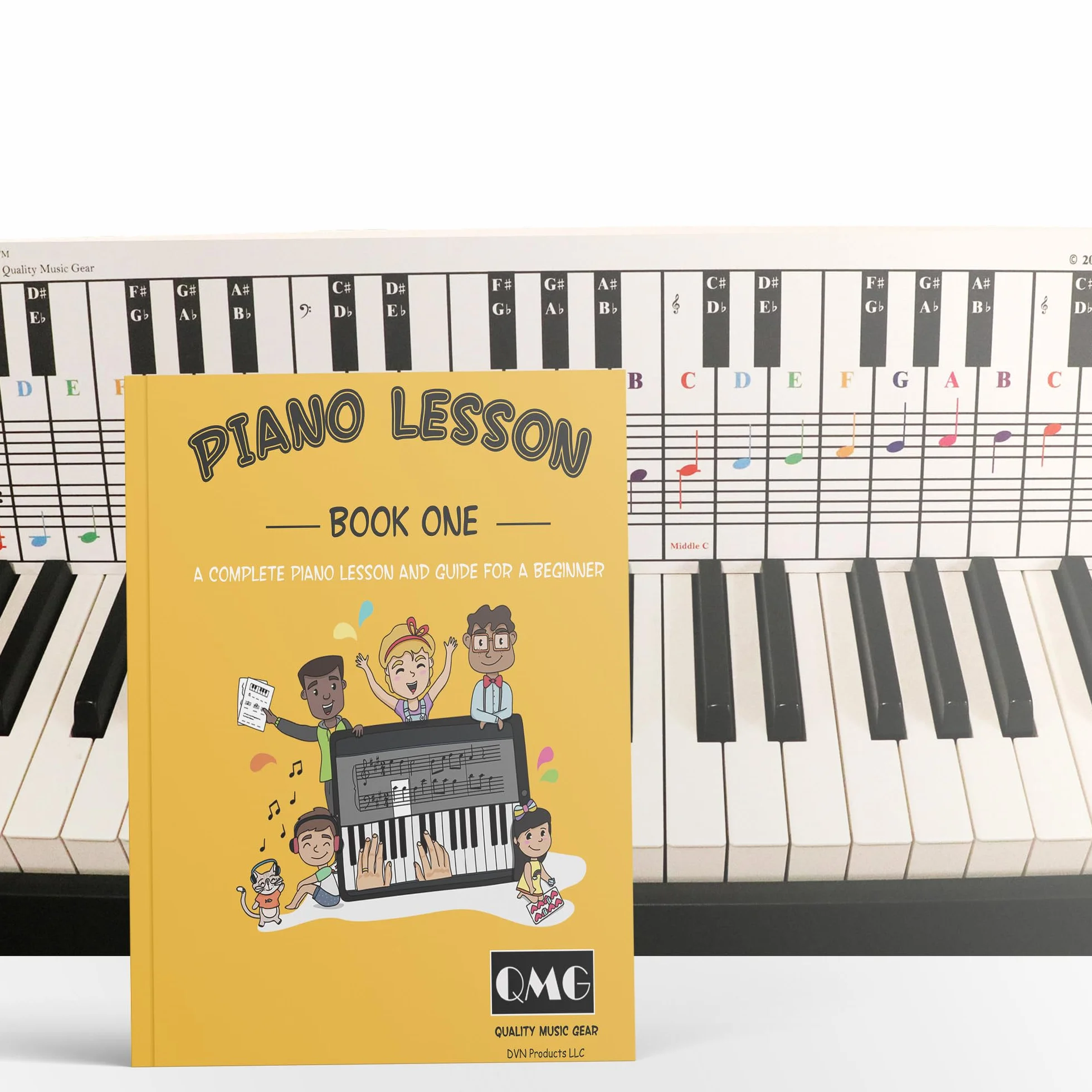 Wykres notatek z fortepianem i klawiaturą oraz kompletna nuta kolorów lekcja muzyki fortepianowej i przewodnik dla dzieci i początkujących; zaprojektowany i wydrukowany w USA