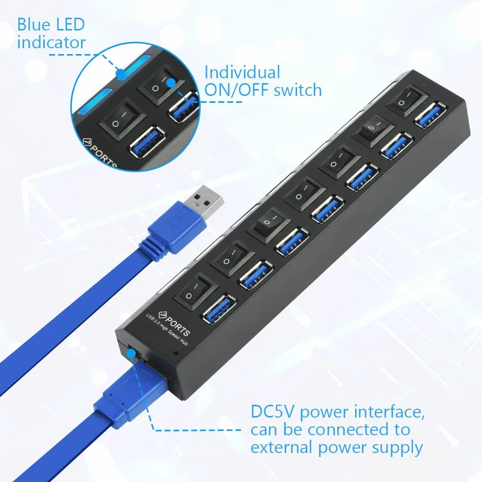 OFFCUP Hub USB 7 portów z zasilaczem, rozdzielaczem USB, aktywnym hubem USB 3.0+2.0 z indywidualnymi przełącznikami i wyświetlaczem LED, plug & play, do laptopów, komputerów MacBook i innych urzą