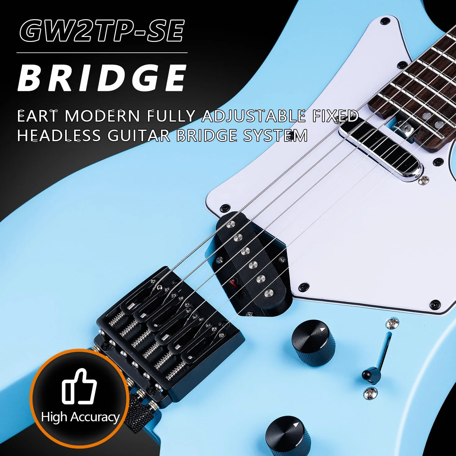 EART GW2TP-SE bezgłowy gitara elektryczna z prażonym mahoniowym korpusem, przetworniki Artones-TSE, zaokrąglone końcówki średnie progi ze stali nierdzewnej Jumbo (niebieska)