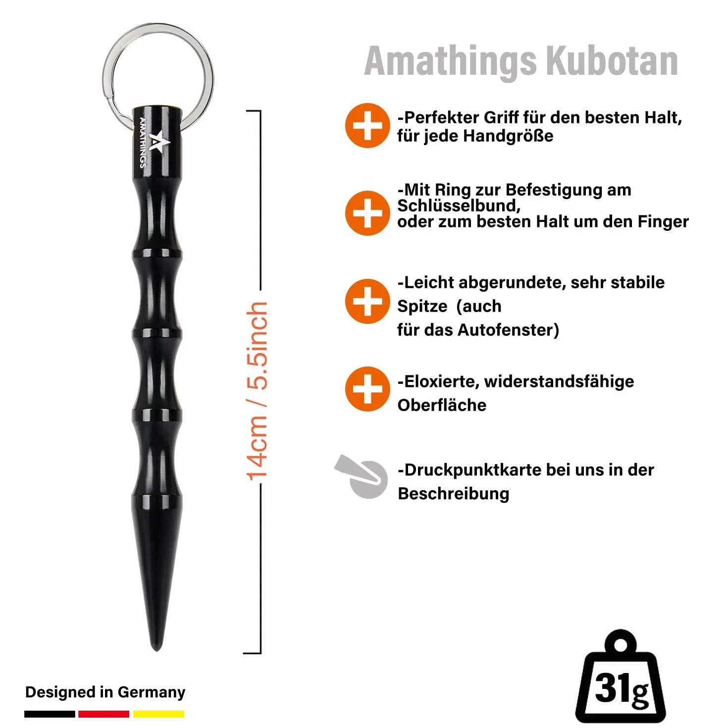AMATHINGS Zestaw bezpieczeństwa 2w1: 130 dB alarm kieszonkowy i ergonomiczny Kubotan – kompleksowa ochrona dla kobiet i seniorów – Dyskretny zestaw do samoobrony do torebki i breloczka – Czarny