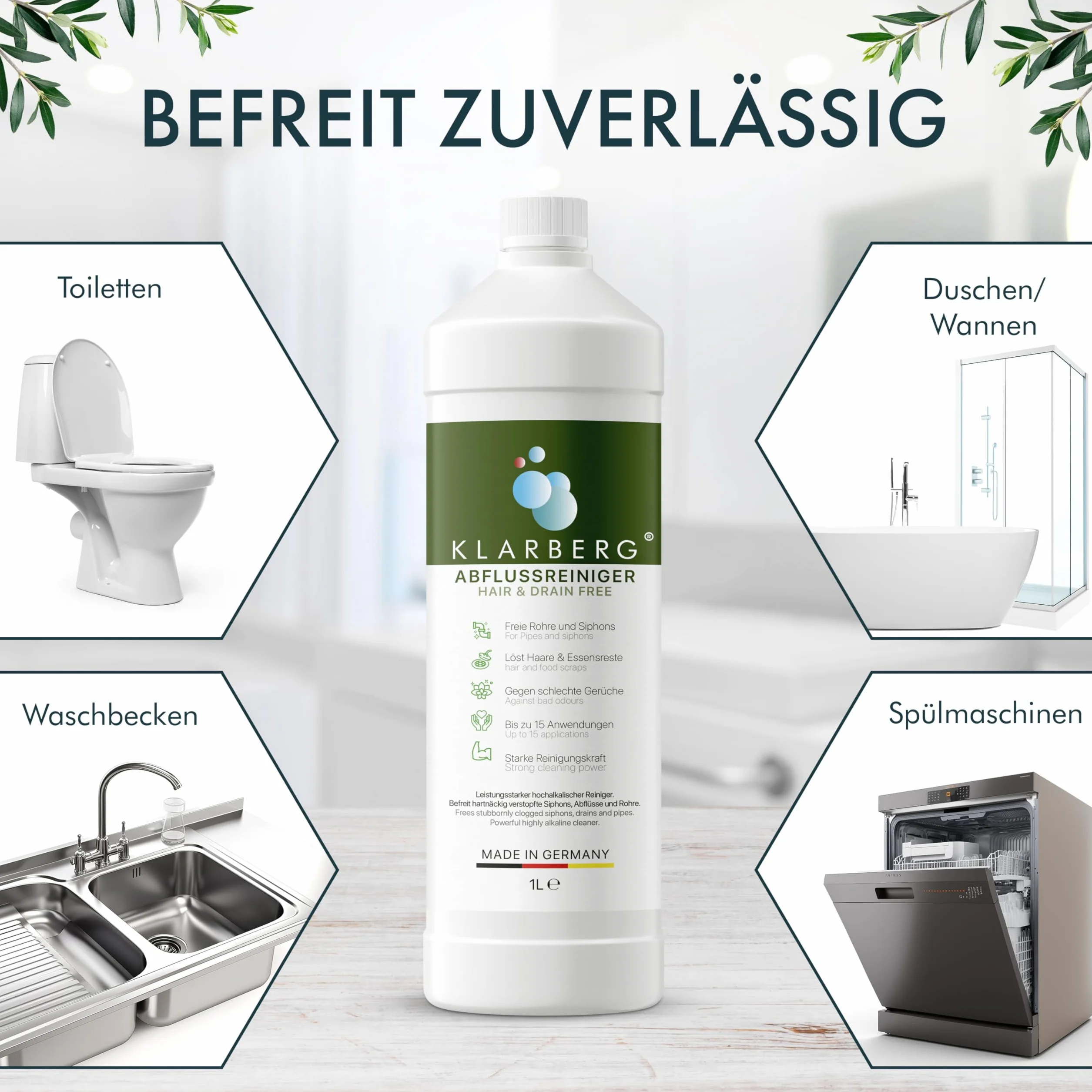 KLARBERG Środek do czyszczenia rur bez odpływu – bardzo silny przeciwko włosom – środek do czyszczenia odpływów do łazienki, prysznica i kuchni – urządzenie do czyszczenia odpływów bez rur przez noc