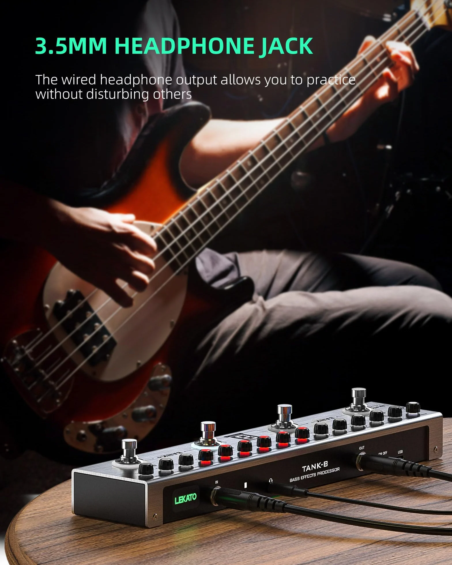 Bass Multi Effects, LEKATO Bass Effect z 36 edytowalnymi ustawieniami, kompresorem, przestrzenią, MOD, reverb, funkcją ładowania na podczerwień, nagrywanie, tuner, wbudowana bateria, połączenie