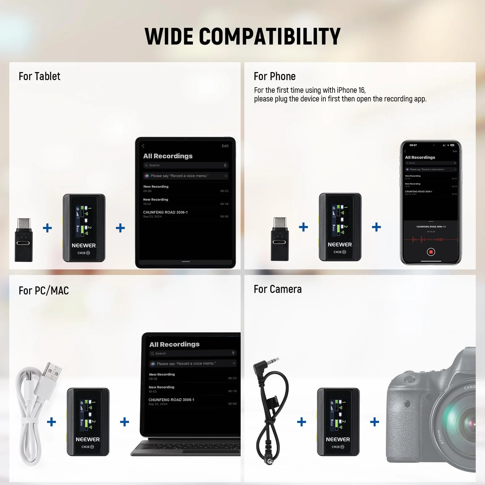 NEEWER CM28 bezprzewodowy system mikrofonowy typu lavalier z etui ładującym, 2 klipsy do mikrofonu, 1-klawiszowa funkcja redukcji szumów, 4GB pamięci, 9 godzin czasu pracy, mikrofon krawatowy