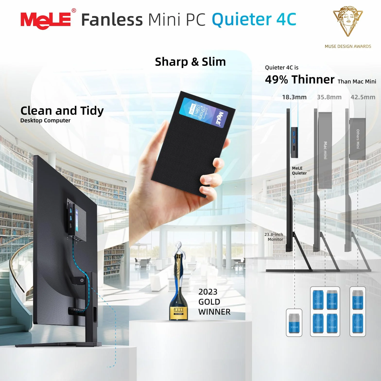 MeLE Quieter4C minikomputer bez wentylatora, 32 GB DDR4, 512 GB ROM, Twin Lake N150 (do 3,6 GHz), 2 x USB-C, 2 x HDMI 4K 60, potrójne ekrany, VESA