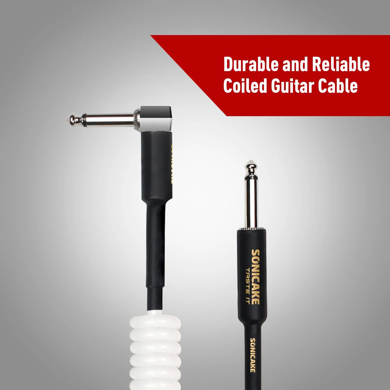 SONICAKE 10 m kabel do instrumentów gitarowych 6,3 mm Coil Cable do gitary basowej kabel spiralny z wtyczką kątową i standardowym jack, biały