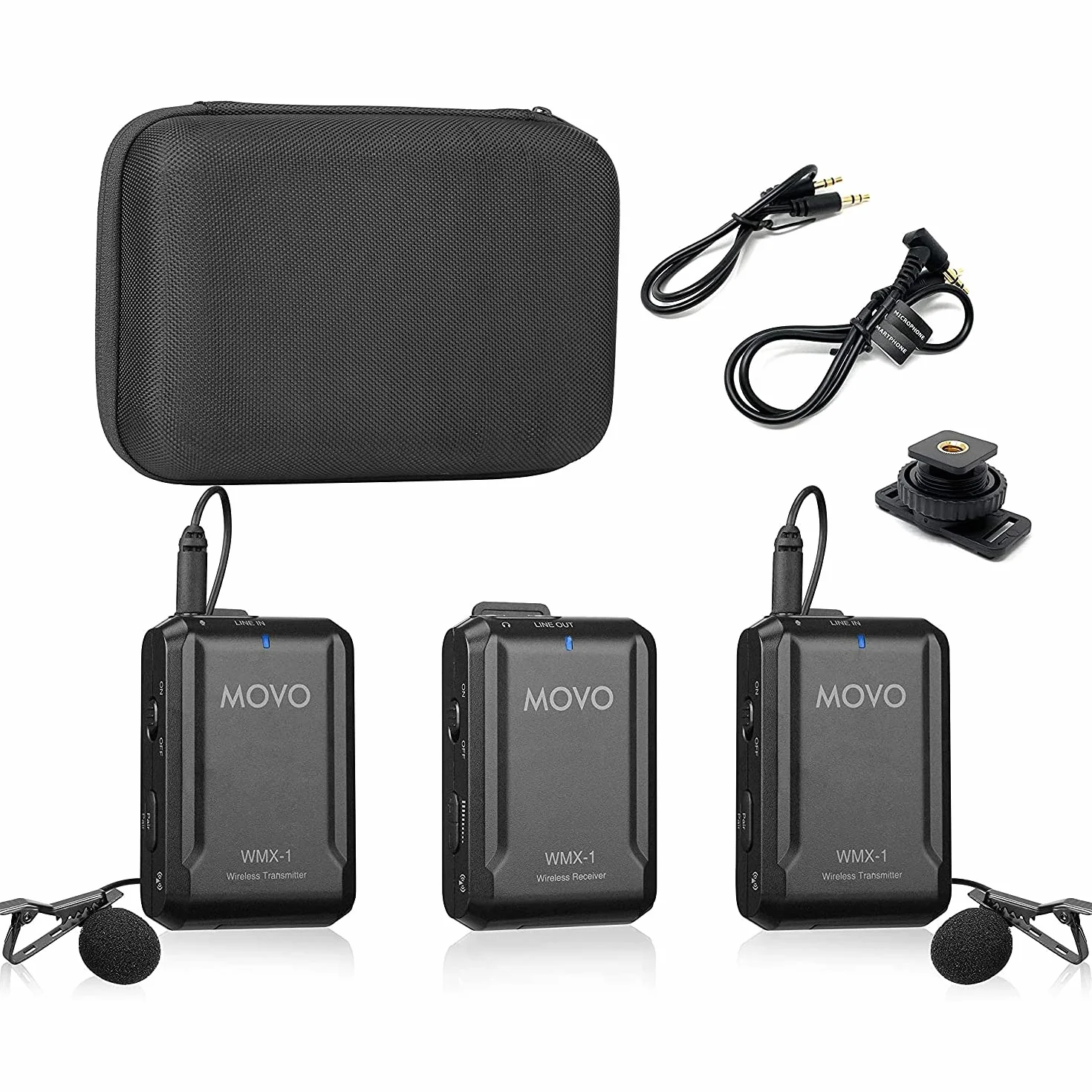 Movo WMX-1-DUO 2,4 GHz podwójny bezprzewodowy system mikrofonu krawatowego kompatybilny z aparatami DSLR, kamerami, iPhone'ami, smartfonami z systemem Android i tabletami (zasięg audio 60 m) – idealny