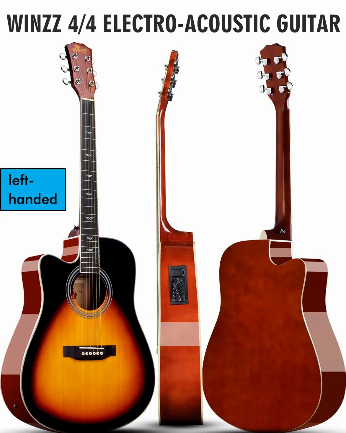 Winzz 4/4 Gitara Elektroakustyczna, Leworęczna Gitara Westernowa, Zestaw dla Dorosłych Początkujących, Gitara Akustyczna 41 Cali z 4-pasmowym Ekwalizerem (Dreadnought, Połyskujący Sunburst)