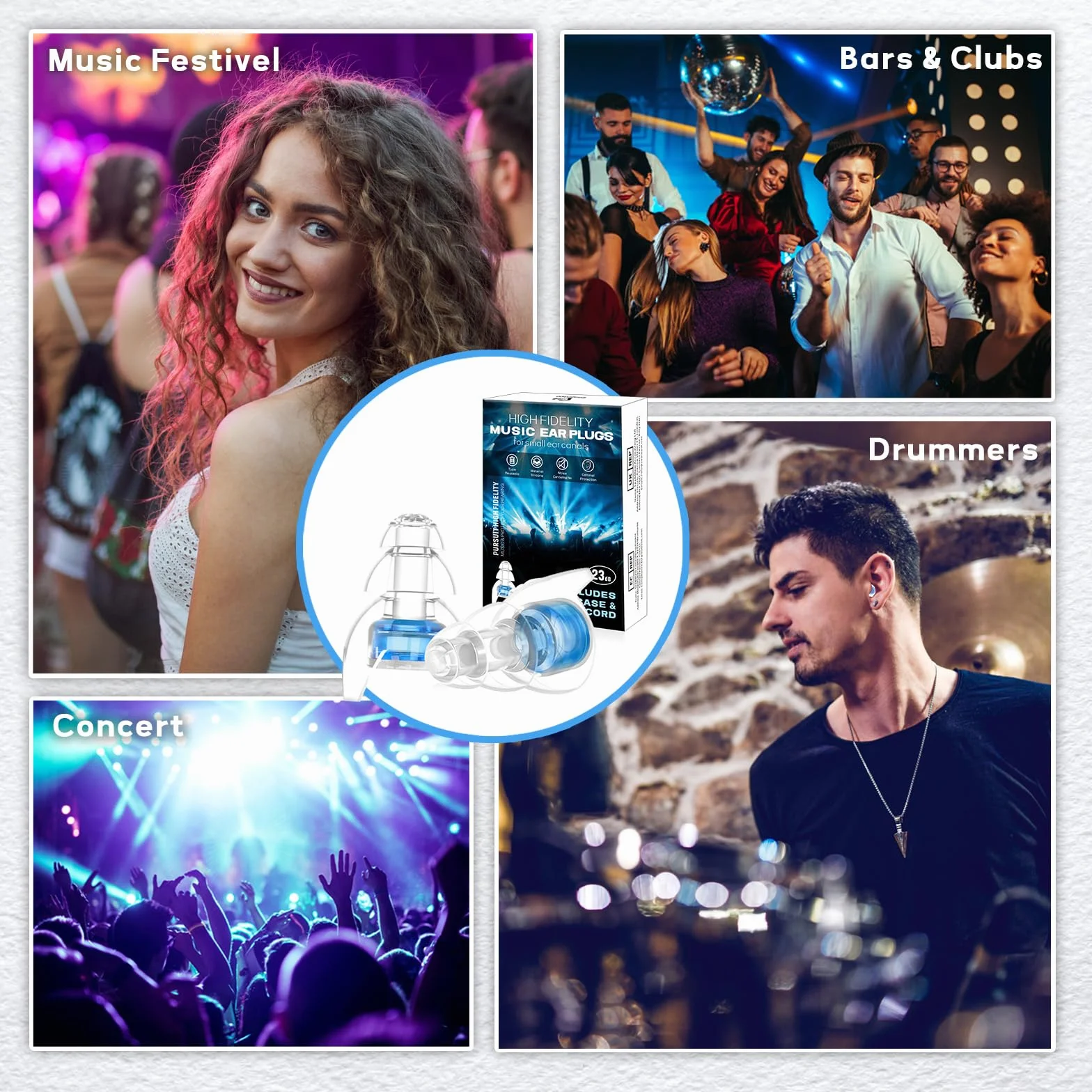zatyczki do uszu koncertowe High Fidelity, 2 pary, ochrona słuchu, redukcja szumów, zatyczki do uszu dla muzyków, DJ-ów, na festiwal i głośne wydarzenia (NRR 23 dB)