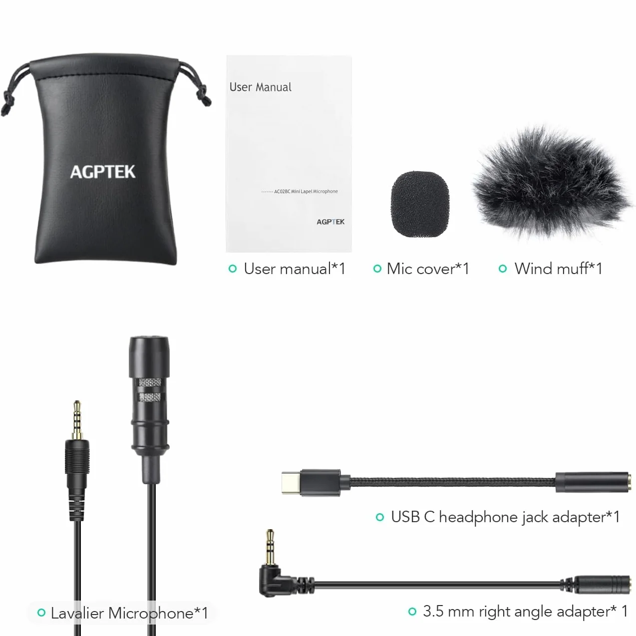 AGPTEK Mikrofon Lavalier, 2 m mini mikrofon wielokierunkowy z 2 przejściówkami i adapterem typu C, osłoną przeciwwiatrową do wywiadów, konferencji wideo, podcastów, dyktowania itd.