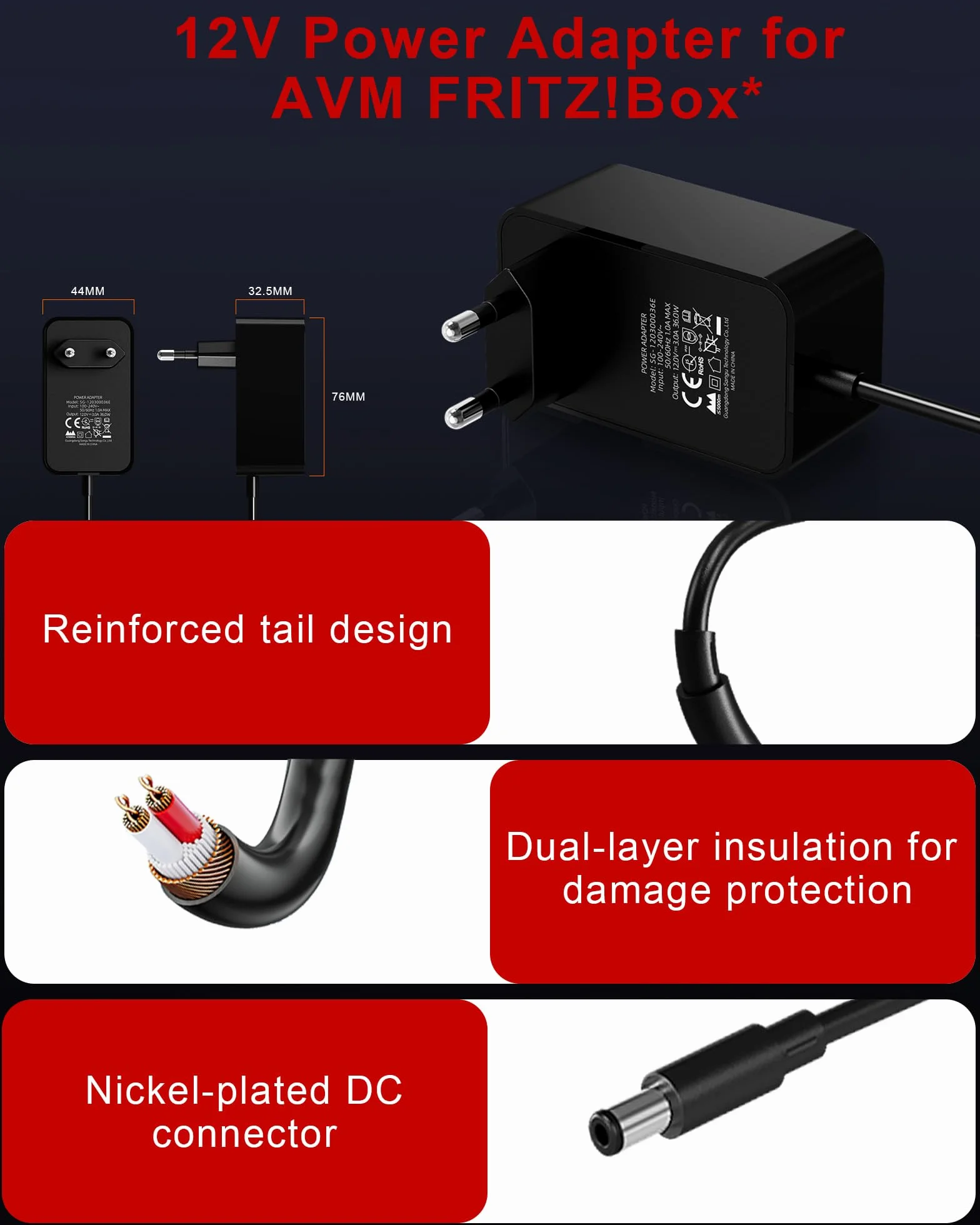 12 V, 3A, 2 A, 1 A, zasilacz do taśm LED, routera, ekran LCD TFT, radio, pilot do telewizora TV, transformatory 36 W AC DC Zasilacz sieciowy ładowarka DC 5,5 mm 1,5 m